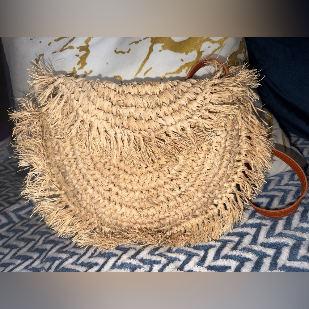 Straw Fringe Half Moon Crossbody